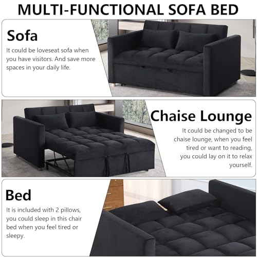Sleeper Chair Pull Out Chair Beds Sofa Bed Convertible Chair into Bed with USB Ports & Cupholders Adjustable Backrest Sofabed for Living Room, Bedroom, Office, Apartment,Black
