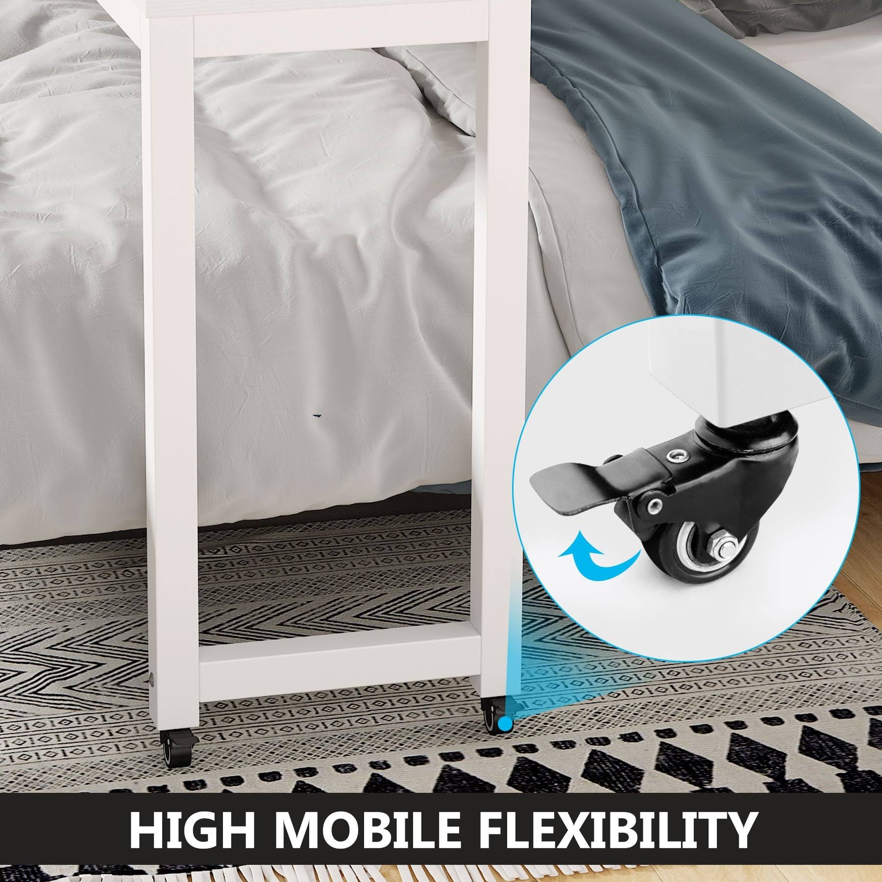 Overbed Table with Wheels, Tribesigns Queen Size Bed Table Overbed Laptop Table (Height Can&t ADJUST) - White