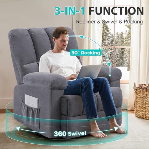 CDCASA Oversized Swivel Rocker Recliner Chair, Chenille 360° Swivel Glider Rocking Chairs for Big Man, Manual Reclining Sofa Chair for Living Room, Theater, Nursery,1PC,Grey