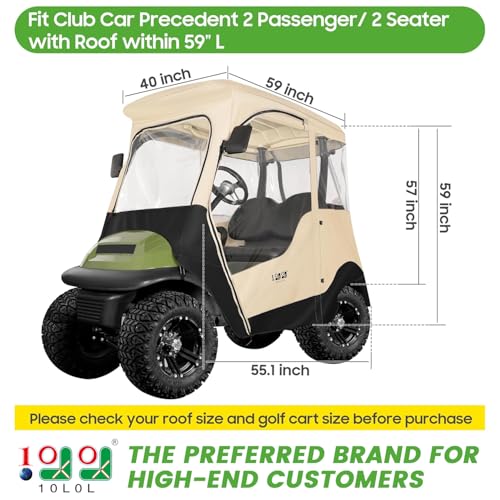 10L0L Golf Cart Driving Enclosure for 2 Passenger Club Car Precedent, Onward & Tempo, 600D Deluxe Heavy Duty Oxford Cloth Waterproof Windproof Golf Cart Rain Cover (Black/Beige)