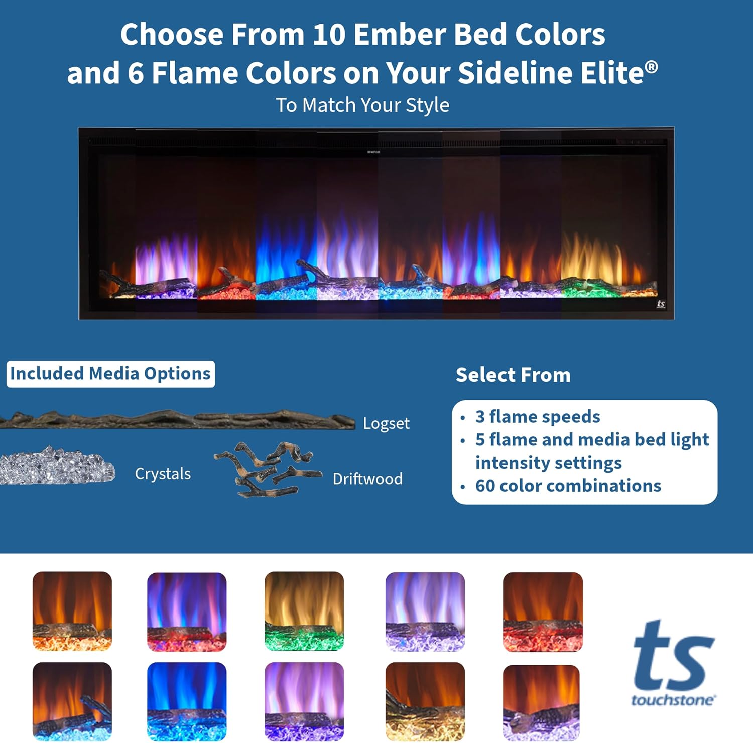 Touchstone Fireplace and Encase Mantel Bundle - The Sideline Elite 60 Inch Wide Smart Electric Fireplace and Espresso Finish 72 Inch Encase Wood Mantel