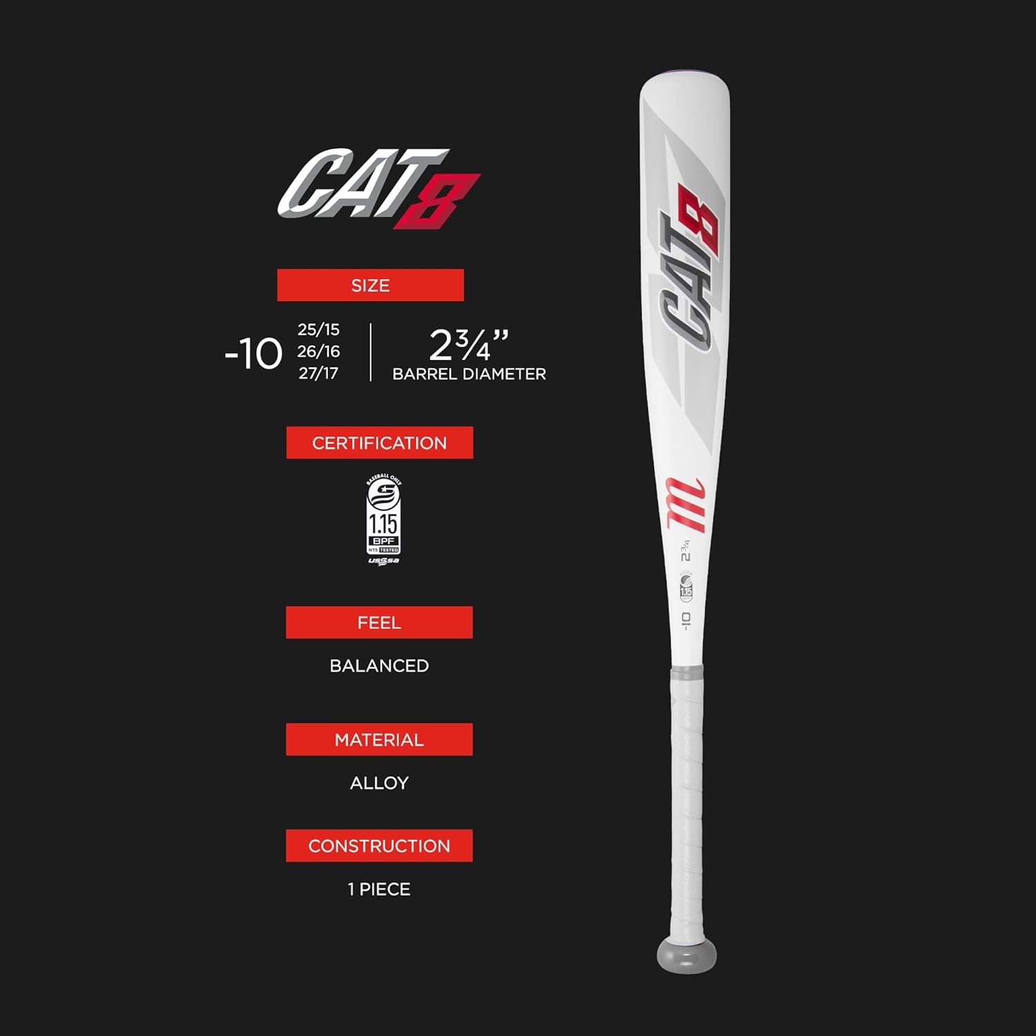 Marucci CAT8 -10 USSSA Junior Big Barrel, 2 3/4" Barrel Junior Big Barrel, 26"/ 16 oz