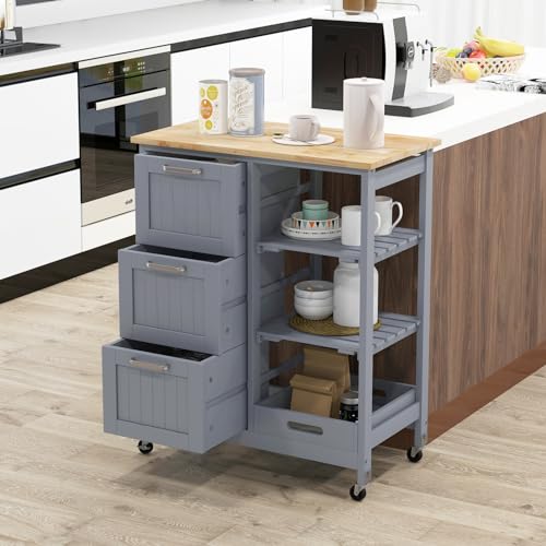 Kitchen Island, Rolling Storage Cart with Drawers & Removable Tray, Wood Storage Cart on Wheels with Countertop & 3 Tier Shelves, Modern Island Table for Kitchen, Dining Room
