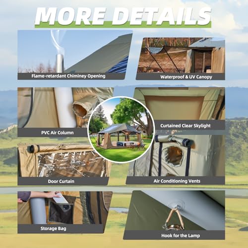 YOLENY Inflatable Tents for Camping, 4/6/8/10/12 Person Tent with TPU Skylight, Mesh Windows, Stove Jack & Pump, Easy Setup 4 Season Glamping Tent, Waterproof & Windproof