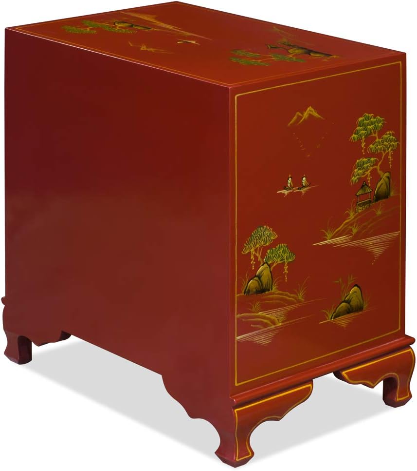 ChinaFurnitureOnline Wooden Chinese Cabinet, Red Lacquer Chinoiserie Scenery Motif
