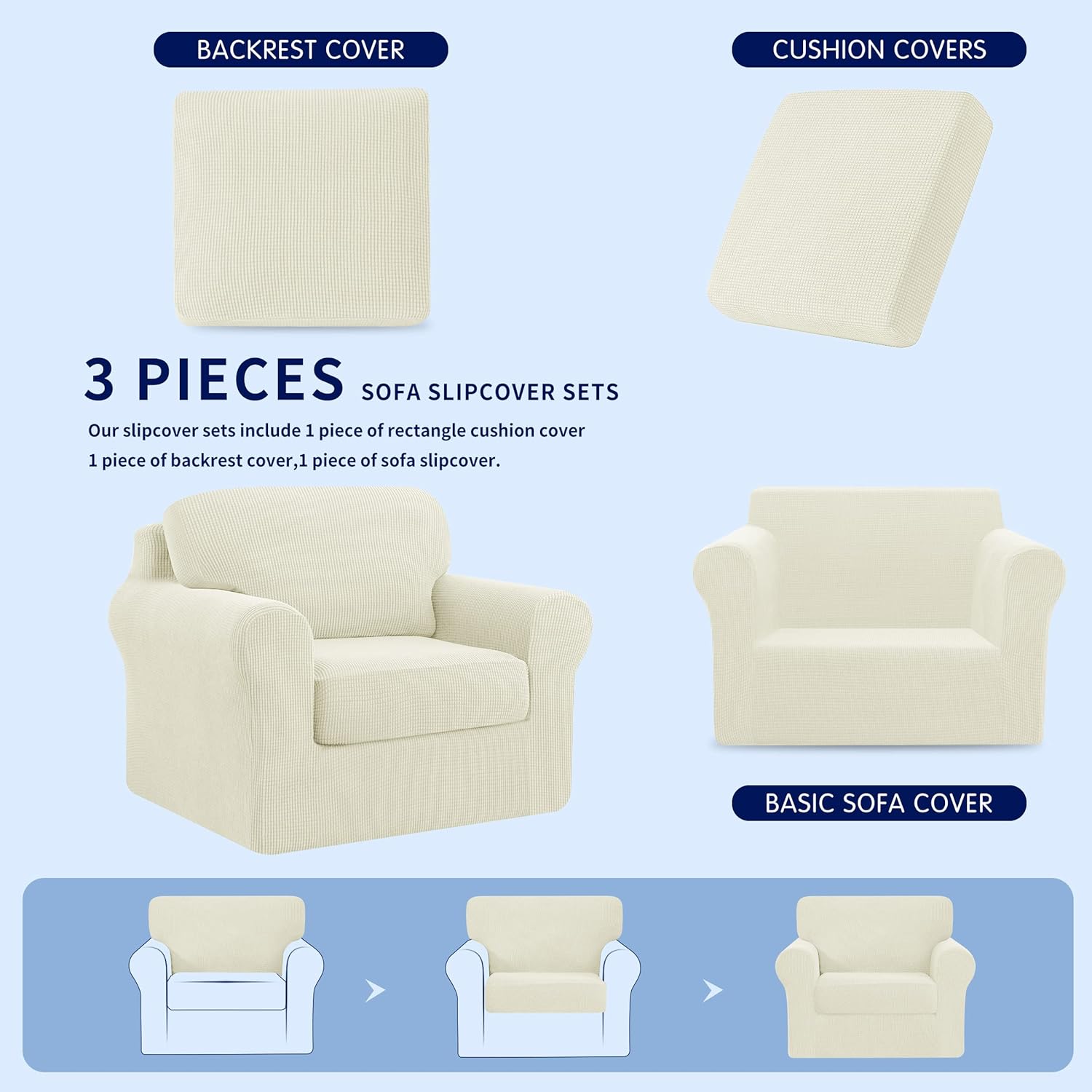Subrtex 3 Piece Armchair Cover Bundles 7 Piece Sofa Cover Stretch Couch Slipcover with Separate Backrest Covers and Cushion Covers Slipcover Sets for Living Room（Small+Large,Ivory）
