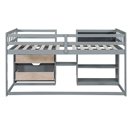 Twin Size Wood Loft Bed with Desk and Drawers, Convertible Shelves, Cabinet and Ladder, for Kids Teens, White