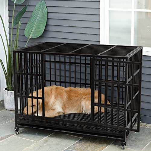 LEMBERI 48/38 inch Heavy Duty Indestructible Dog Crate, Escape Proof Dogs Cage Kennel with Lockable Wheels,High Anxiety Double Door Kennel,Extra Large Crate Indoor for Large Dog with Removable Tray