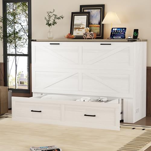 Wooden Murphy Cabinet Bed Frame with Charging Station, Full-Size Foldable Wall Bed with Large Storage Drawer for Home Apartment Limited Living Places, Space-Saving Hidden Bed No Box Spring Needed