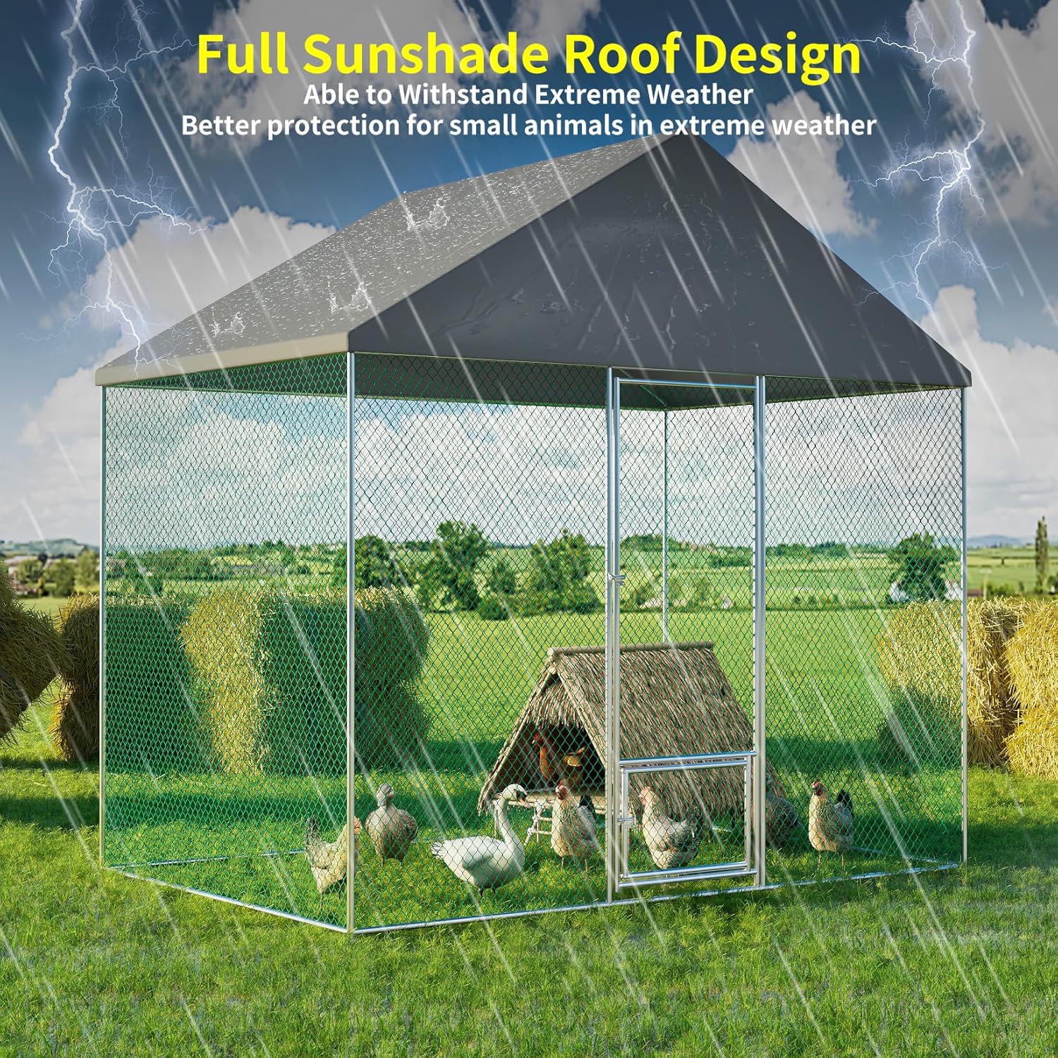 Large Chicken Coop Run Outdoor: Walk-in Poultry Hen Cage Run House with Small Feeding Door and Stakes - 9Ft Extra Tall Full Covered Chickens Habitat Crate Fence with Waterproof Anti-Ultraviolet Cover