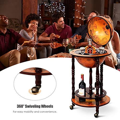 Byroce Globe Bar Cart, Wood Wine Bar Cabinet with Wheels & Liquor Bottle Shelf, Italian Replica Liquor Cabinet for Bar, Home, Dining Room, Living Room (Cream White)