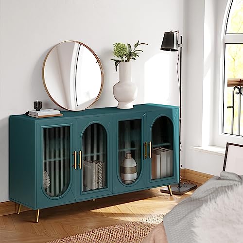 60'' Modern 4-doors Wood Storage Sideboard Buffet Cabinet Console Gold Metal Legs Handle Adjustable Shelves Entryway Accent Credenza Table for Kitchen Dining Room Living Room Hallway (Navy Blue)