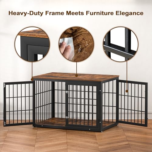 48 Inch Heavy Duty Dog Crate Furniture for Large Dogs, Decorative Pet House End Table, Extra Large Wooden Cage Kennel Furniture Indoor, Natural and White