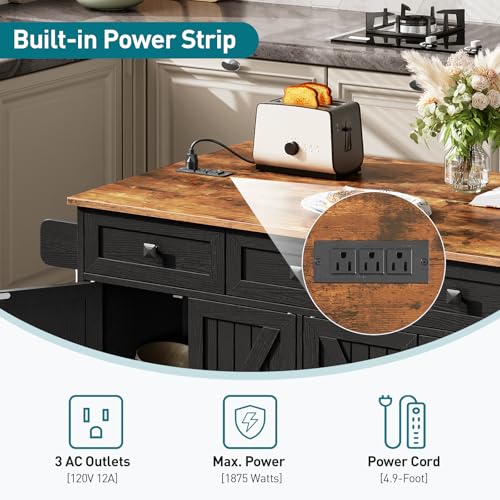 Kitchen Island with Drop Leaf, Kitchen Cart with Charging Station, Kitchen Table with Storage, Rolling Island Table with 3 Drawers, Towel Rack and Spice Rack, White and Walnut