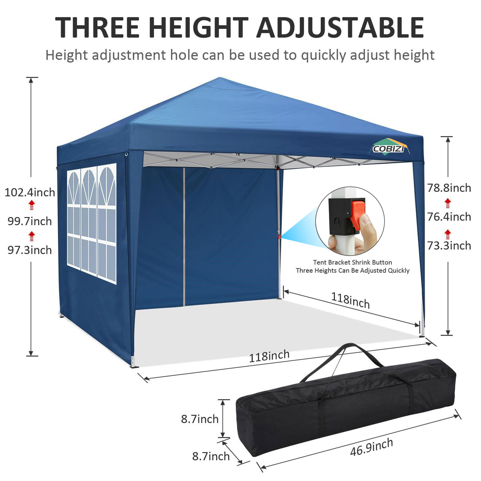 COBIZI 10'x10' ft Popup Canopy Waterproof Canopy with 4 Sidewalls Outdoor Commercial Instant Shelter Beach Camping Canopy Tent for Party, Blue