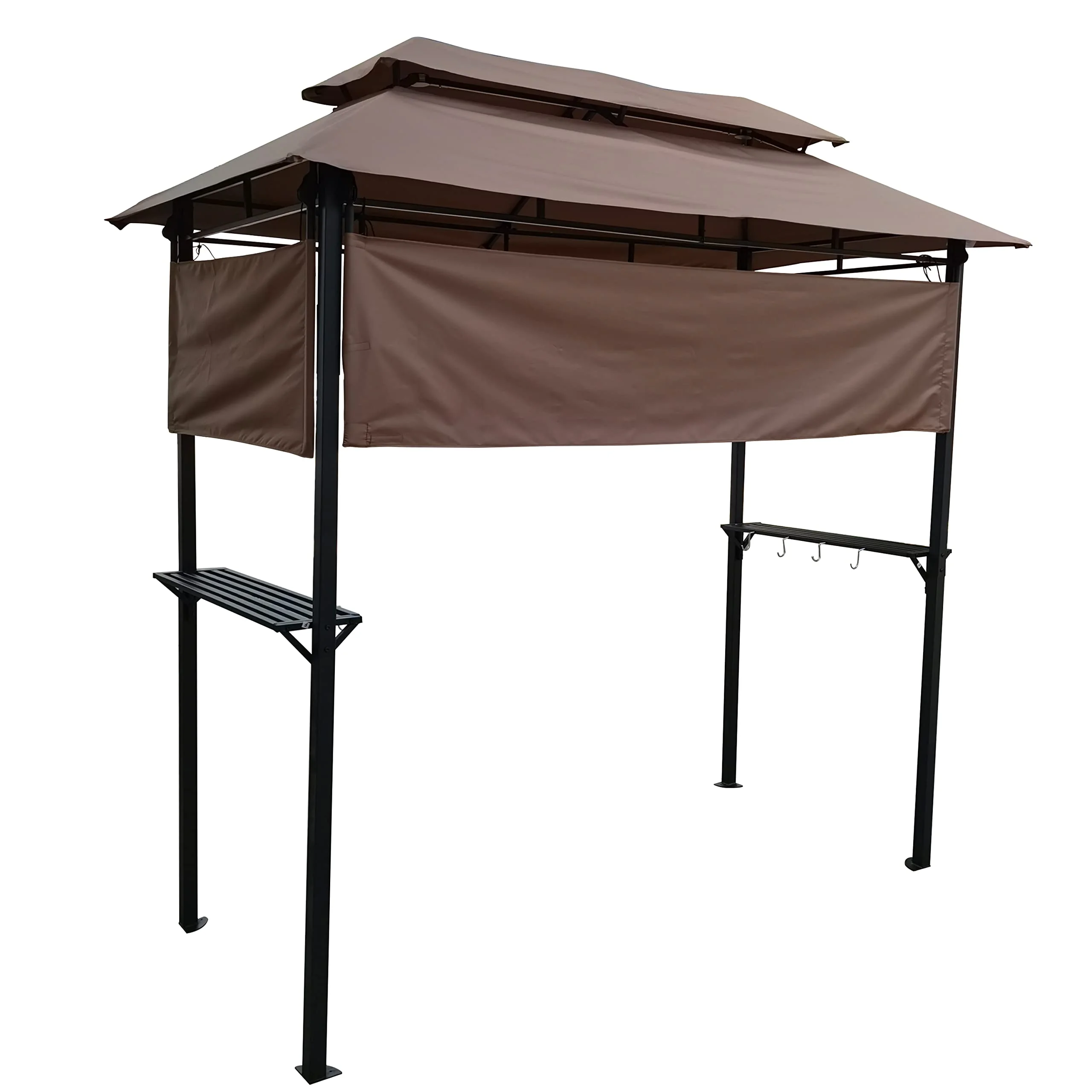 8'x4' Grill Gazebo Canopy, Grill Tent for Outdoor Grill, Double Tiered BBQ Gazebo with Two Extra Shadow, Two Shelves, Eight Hooks, Small Grill Shelter For Backyard, Patio (Light Brown)