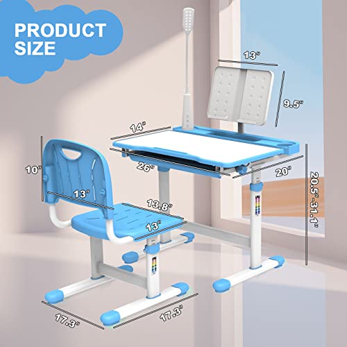 BELANITAS Kids Desk and Chair Set 5-8 Year Old, Desk for Kids Room 8-12, Height-Adjustable Children Desk with 40-Degree Tilted Desktop, Kids Study Desk and Chair Set for School, Green