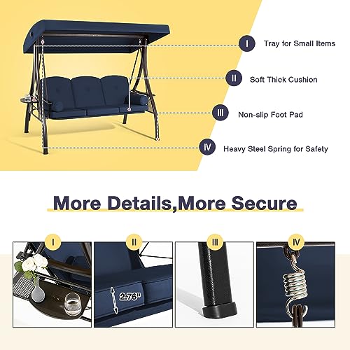 HOMREST 3 Person Outdoor Porch Swing with 1.5" Deep Cup Holder, Adjustable Canopy, Backrest, Patio Swing Bed with Weather Resistant Steel Frame, Cushions for Garden,Deck and Poolside(Blue)
