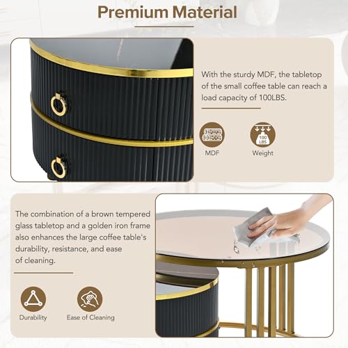 Modern Round Coffee Table, Nesting Table with Brown Tempered Glass and High Gloss Marble Tabletop, Glass Coffee Table for Living Room, Bedroom, Apartment (Golden Black)