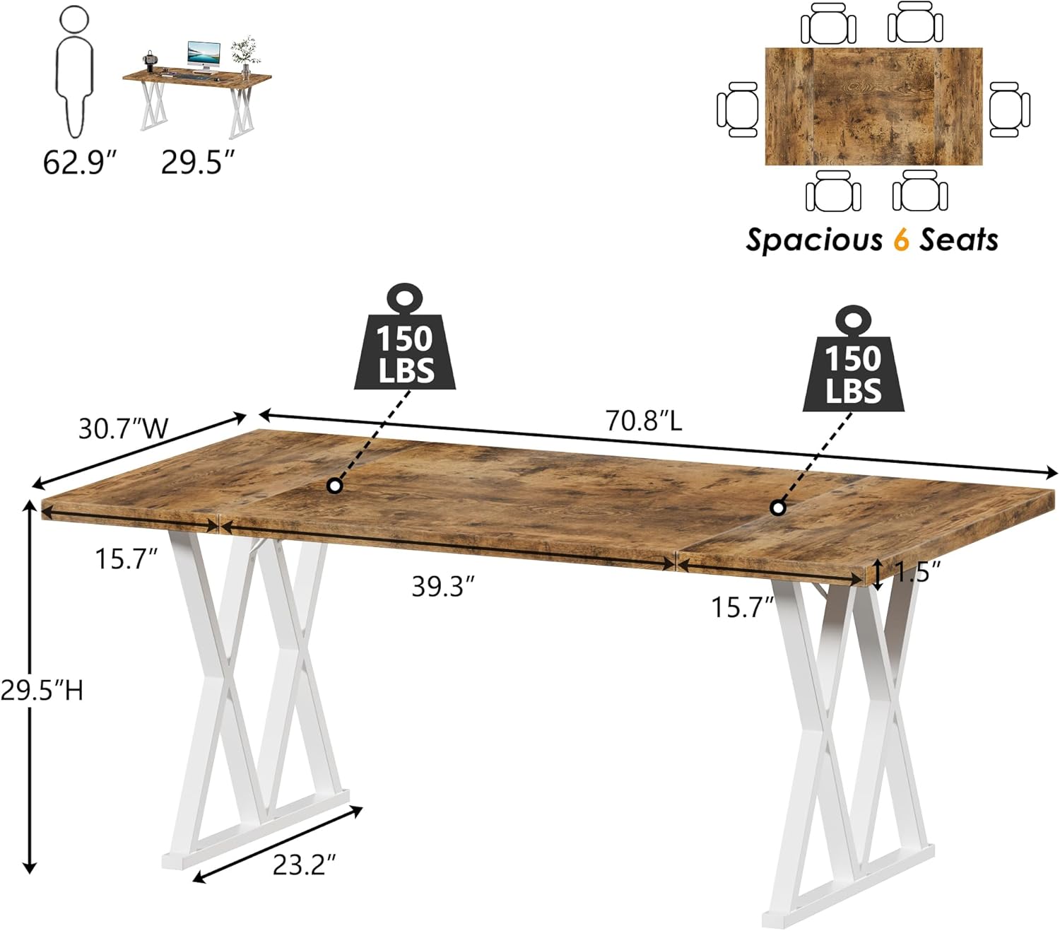 70.8 Inches Home Office Computer Desk, Large Executive Desk with X Shaped Metal Legs & Adjustable Feet, Modern Simple Style Workstation Laptop Desk Study Writing Table, Office Furniture