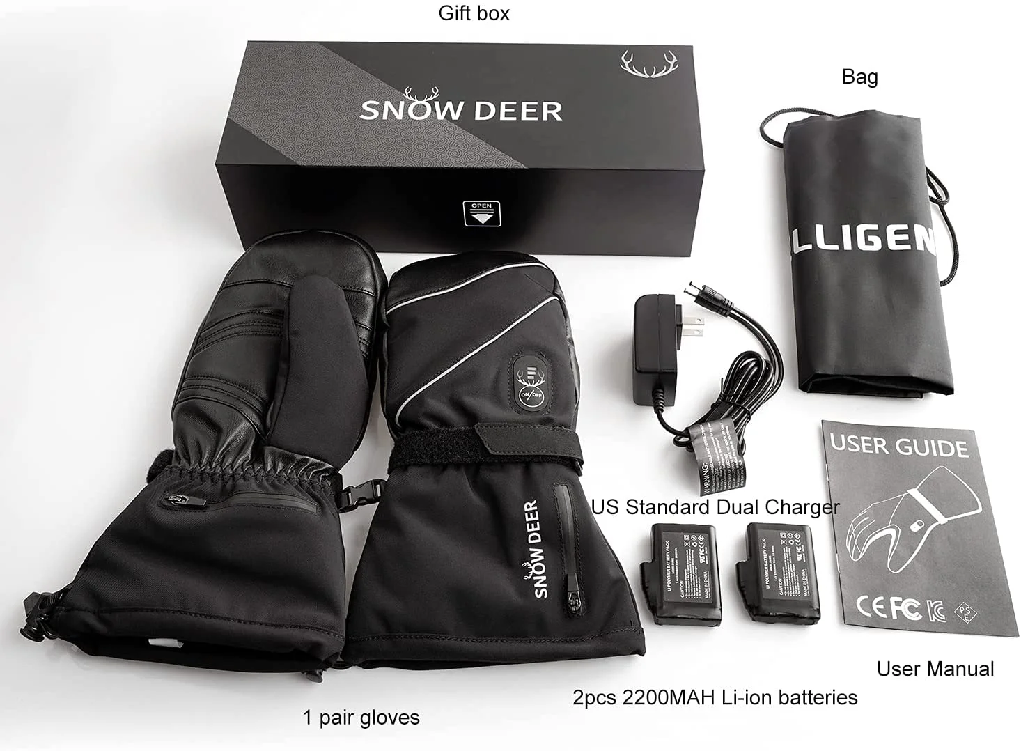 SNOW DEER Heated Mittens Gloves Men Women - 7.4V 2200MAH Electric Rechargeable Battery Gloves for Winter Skiing Skating Snow Camping Hiking Heated Hand Warmer Gloves