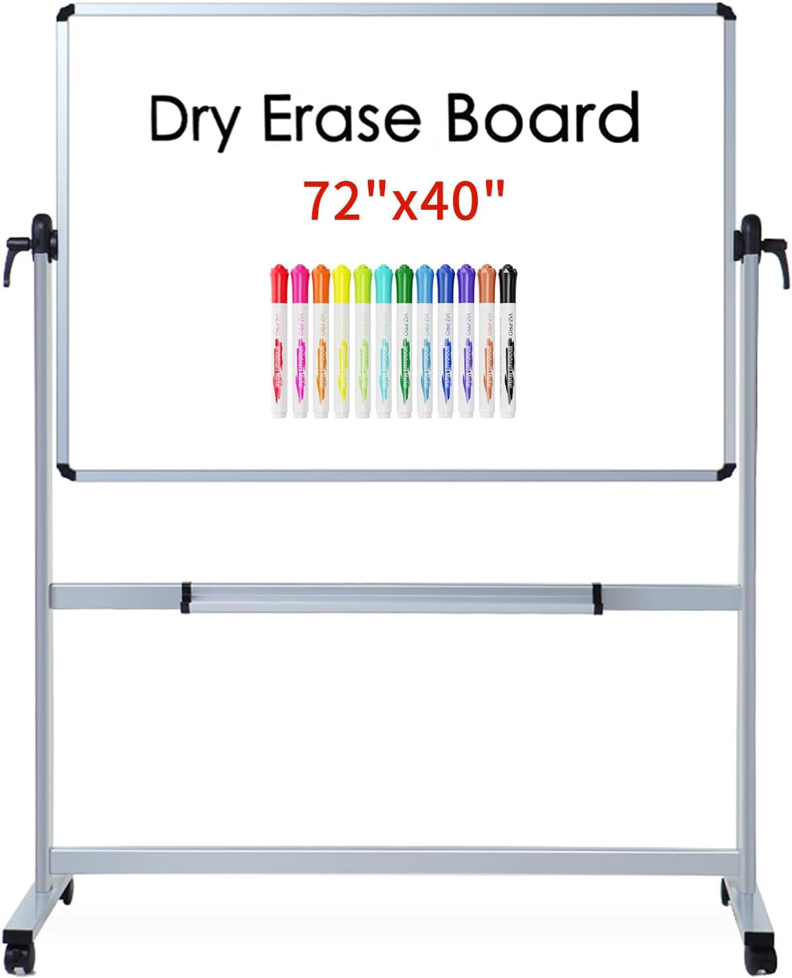 VIZ-PRO Double-Sided Magnetic Mobile Whiteboard 72 x 40 Inches, Aluminium Frame and Stand, with 12 Colors Dry Erase Markers