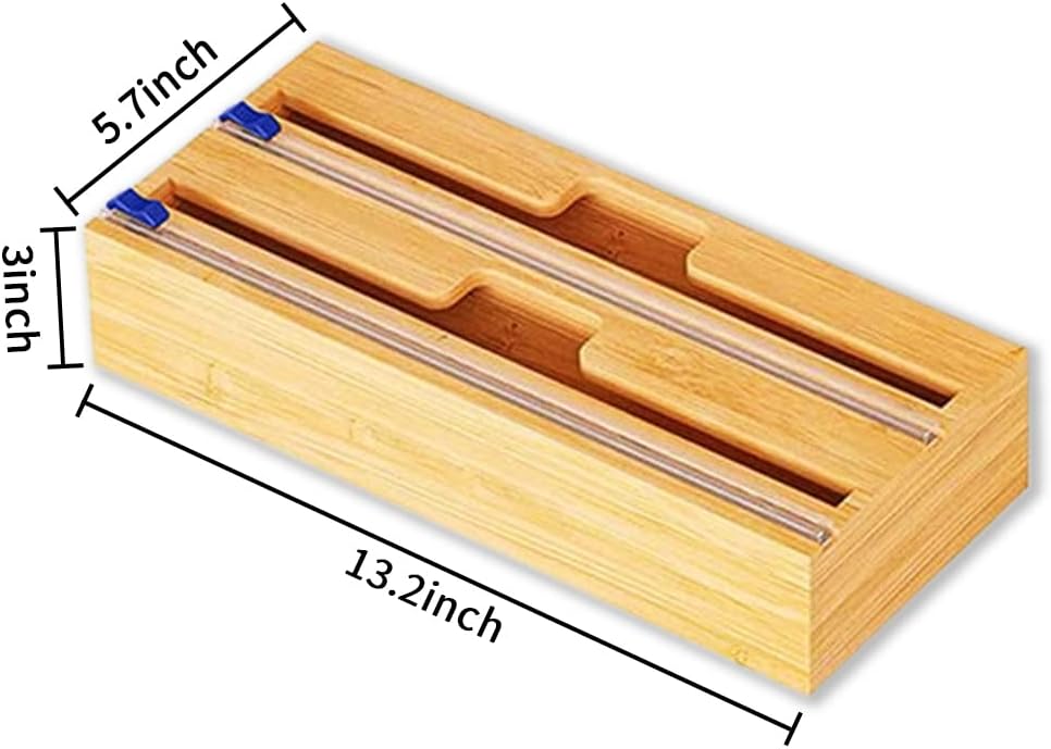 Bamboo Wood Wrap Dispenser with Slide Cutter 2 Slots Cling Cutter Aluminum Foil Organizer Dispenser for Kitchen Drawer, Wall Mount Holder Pack of 2