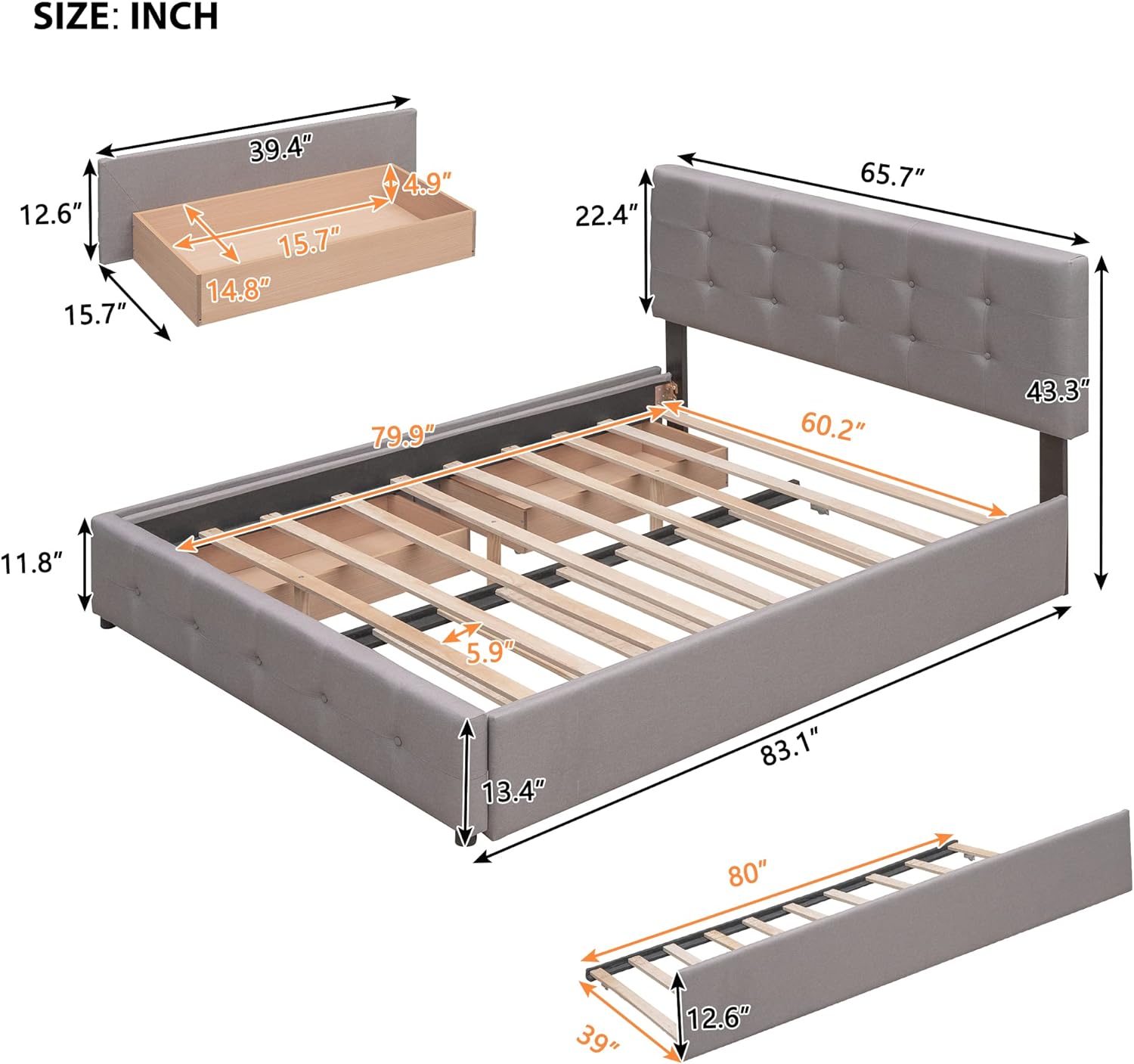 Quee Platform Bed Frame With XL Trudle Ad Drawers, Upholstered Storage Platform Bed With Headboard For Bedroom Guest Room, Lie Fabric, Light Gray