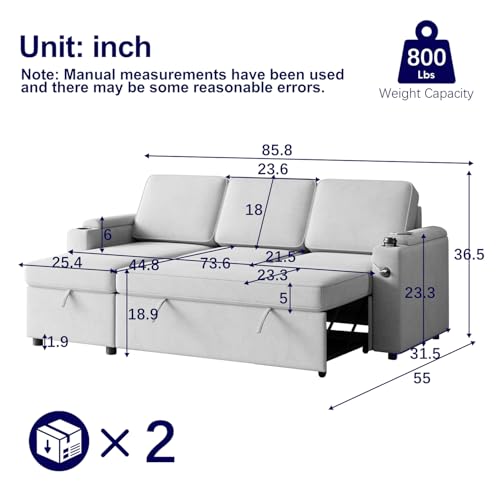 85.8" Sleeper Sectional Sofa, 2 in 1 Pull Out Sofa Bed with Storage Chaise, L-Shaped Sofa Couch with Pull Out Bed with Charging Port for Living Room (Black)