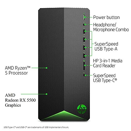HP Pavilion Gaming Desktop, AMD Radeon RX 5500, AMD Ryzen 5 5600G Processor, 16 GB RAM, 1TB SSD, Windows 11 Home, 9 USB Ports, Keyboard and Mouse Combo, Pre-Built PC Tower, Black