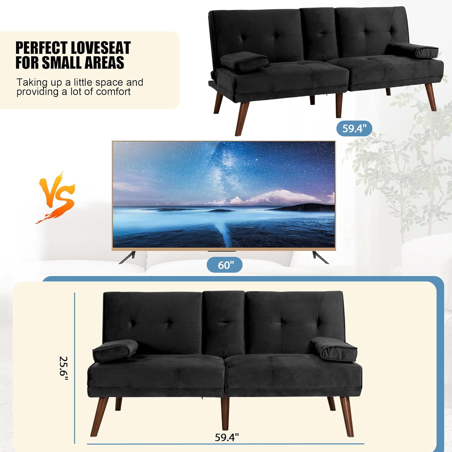Shintenchi 60" Small Loveseat, 3 in 1 Cute Convertible Sofa Bed, Modern Futon Recliner Sleeper w/2 Cup Holder, Upholstered Folding Couch for Small Space, Black
