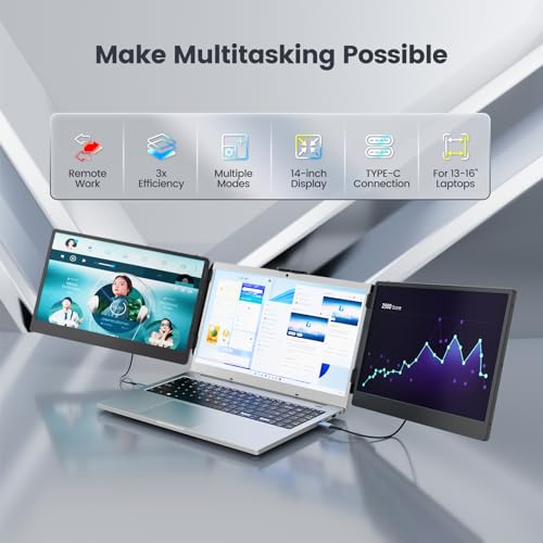 Teamgee Laptop Screen Extender, 12” Portable Monitor for Laptop FHD 1080P Glare-Free IPS Dual Screen, Works with Mac Windows Android Chrome Linux, Fits 13”~16.5” Laptops, Built-in Speakers & HDR