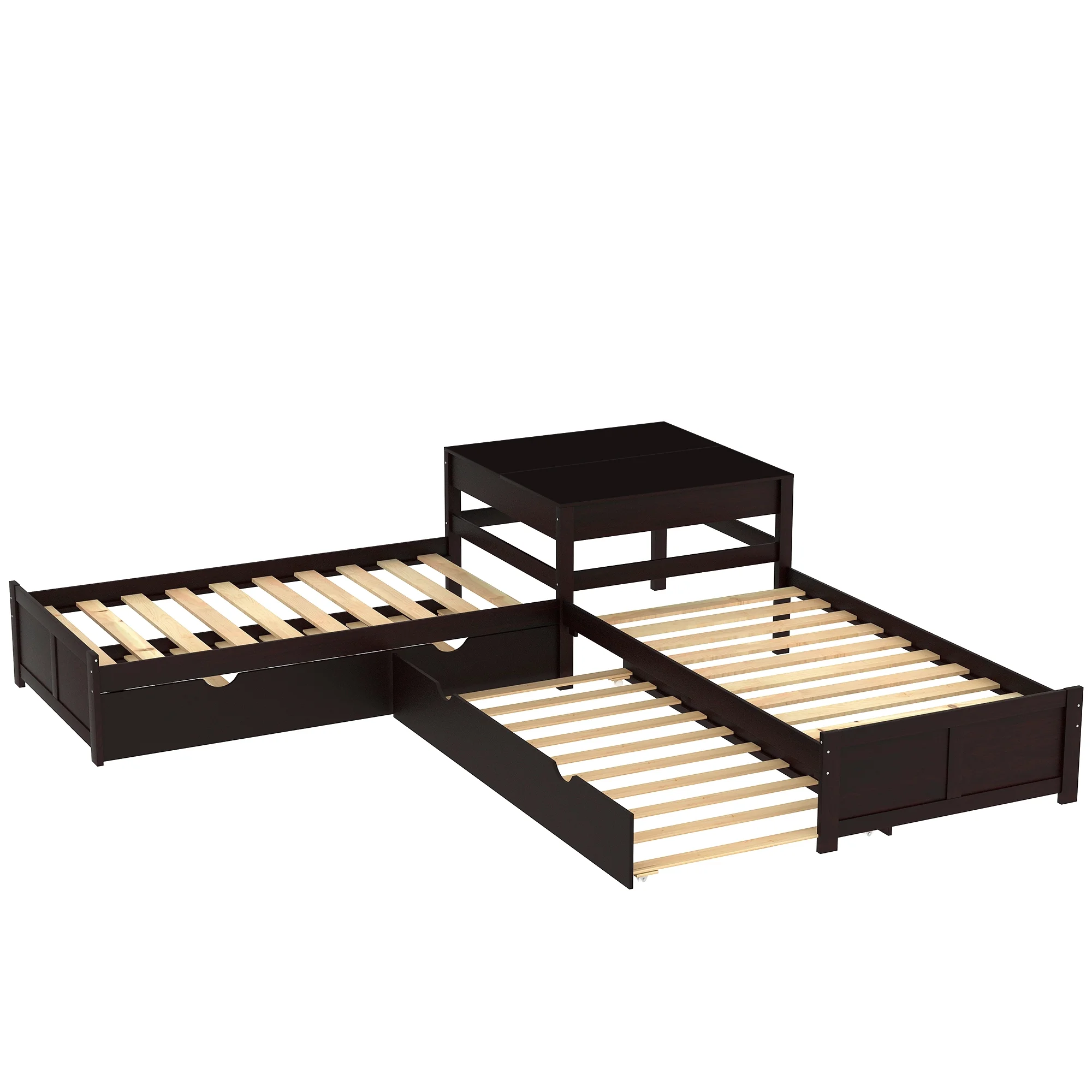 L Shaped Platform Bed with Two Trundles, Wooden Twin Corner Bed with Built-in Square Table for Kids Teens Adults