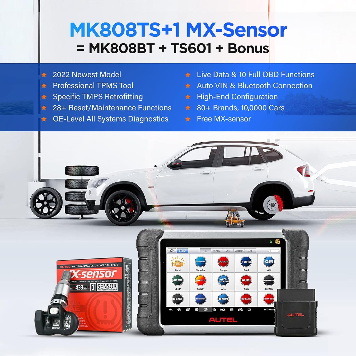 Autel Scanner MaxiCOM MK808TS + MX-Sensor, Combination of Autel MK808BT and TS608, OE-Level TPMS Scan Tool with 28+ Service Functions, All Systems Diagnoses, Activate/Program/Relearn TPMS Sensors