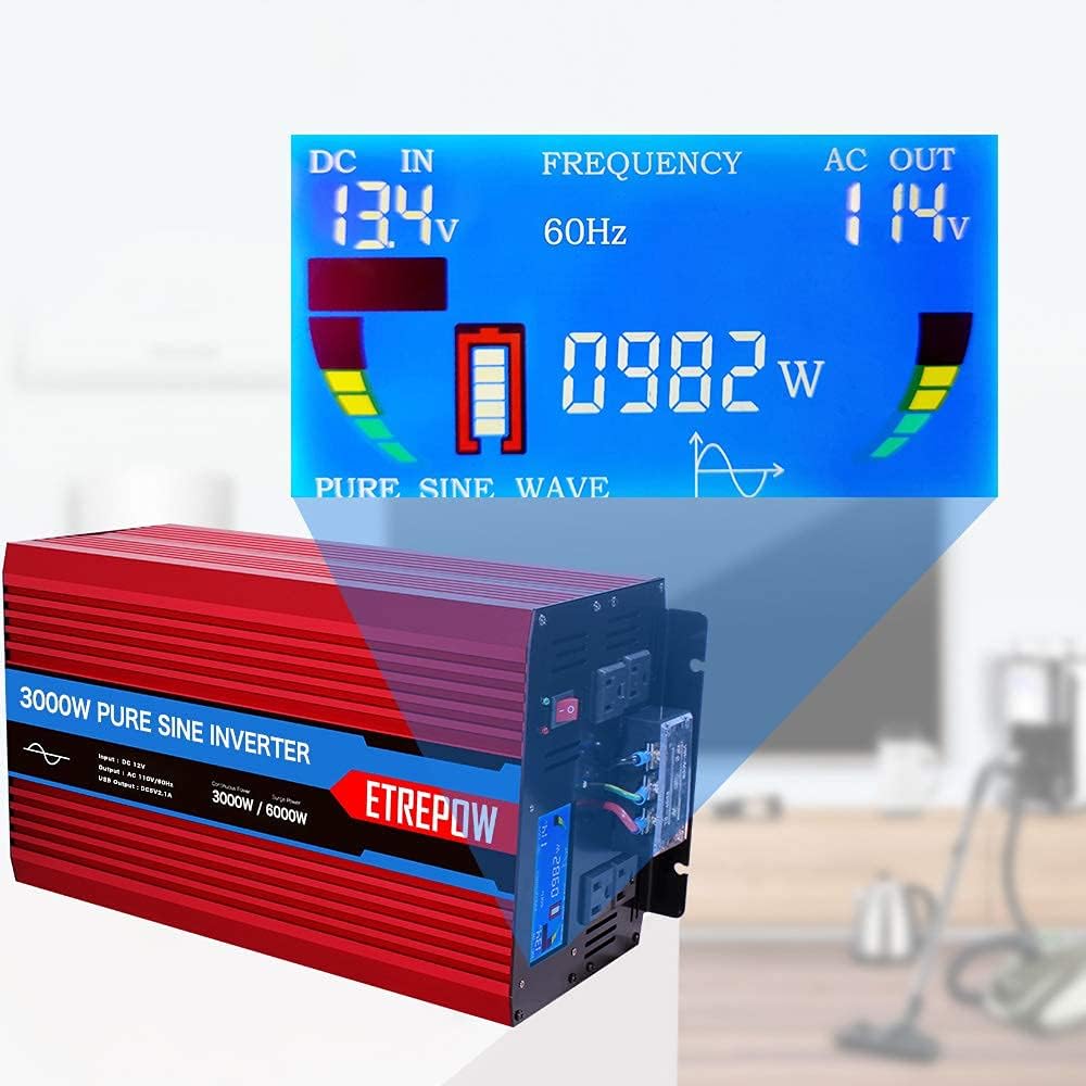 ETREPOW 3000 Watt Pure Sine Wave Inverter 12V to 110V 120V with LCD Display, 4 AC Sockets, 2.1A USB Port, Dual Fans and Wireless Remote Control-Off-Grid Inverter for RV, Automotive 6000W Peak