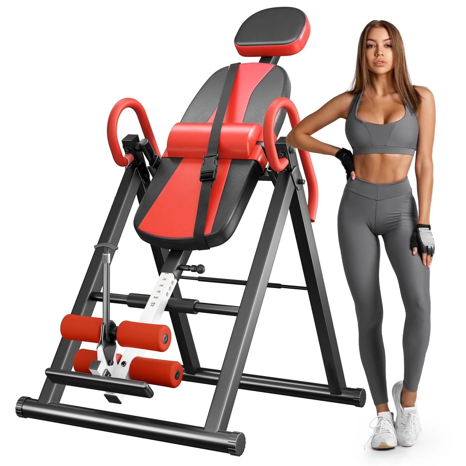 Heavy Duty Inversion Table,300 Lbs Capacity with Adjustable Protective Belt,0°-85°Foldable Save 70% Space Inversion Table for Back Pain Relief,Red