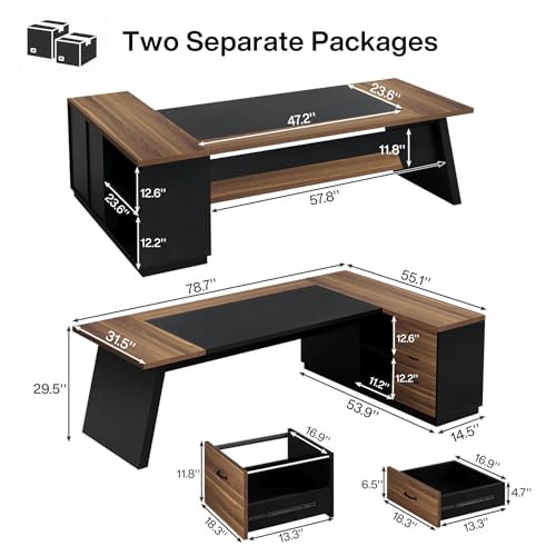 Tribesigns L-Shaped Executive Desk, 78" Modern Office Desk with Drawers and Lateral File Cabinet, Large Computer Desk with Storage Shelves, Workstation for Home Office (Walnut + Black)