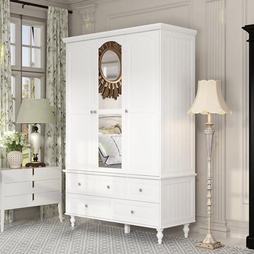 Hitow 3 Door Wardrobe Armoire Closet with Mirror, Retro Wardrobe Cabinet with 5 Drawers & Hanging Rod, Bedroom Armoire Dresser Wardrobe Clothes Organizer, A White (47.2" W x 20" D x 70.9" H)