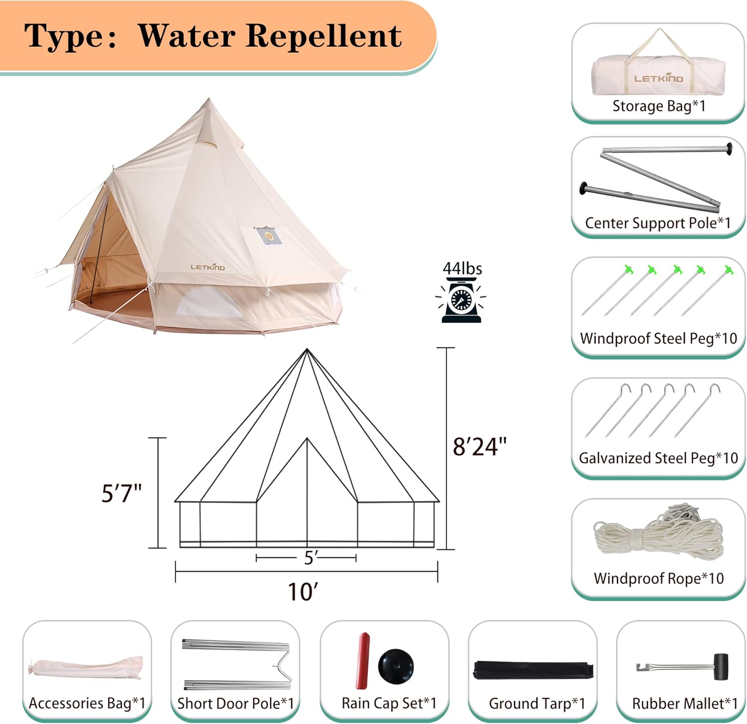Canvas Tent with Stove Jack, 4 Season Waterproof Camping Tent 4/6 Person Luxury Outdoor Glamping Yurt for Camping, Cotton Bell Tent for Winter Camping for Hunting Party