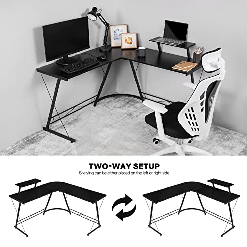 MoNiBloom L Shaped Gaming Desk Computer Corner Table with Metal Frame, L Desk Workstation for Home Office, Space-Saving, Black