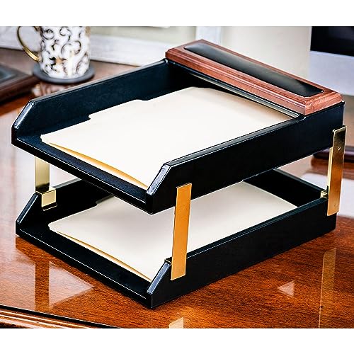 Dacasso Walnut & Black Leather Desk Set - 10 Piece Desk Organization Essentials with Desk Pad - Luxury Executive Desk Decor & Office Organization