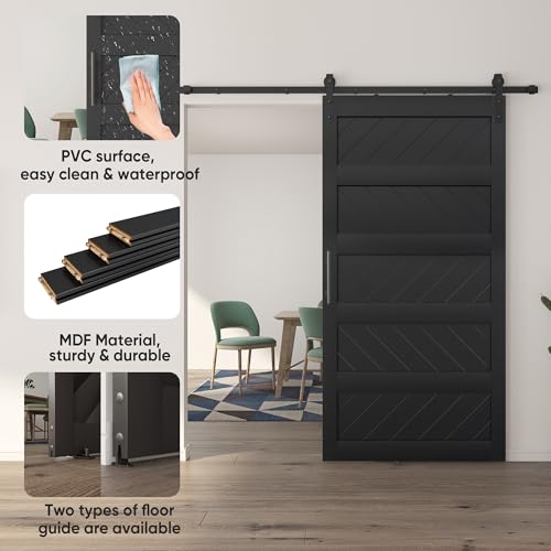 JUBEST 36" x 84" Barn Door, Slding Barn Door Kit Wave Shape Barn Door Panel with Hardware Kit Include, Easy Installation, Solid Wood, MDF & PVC Covered, Black
