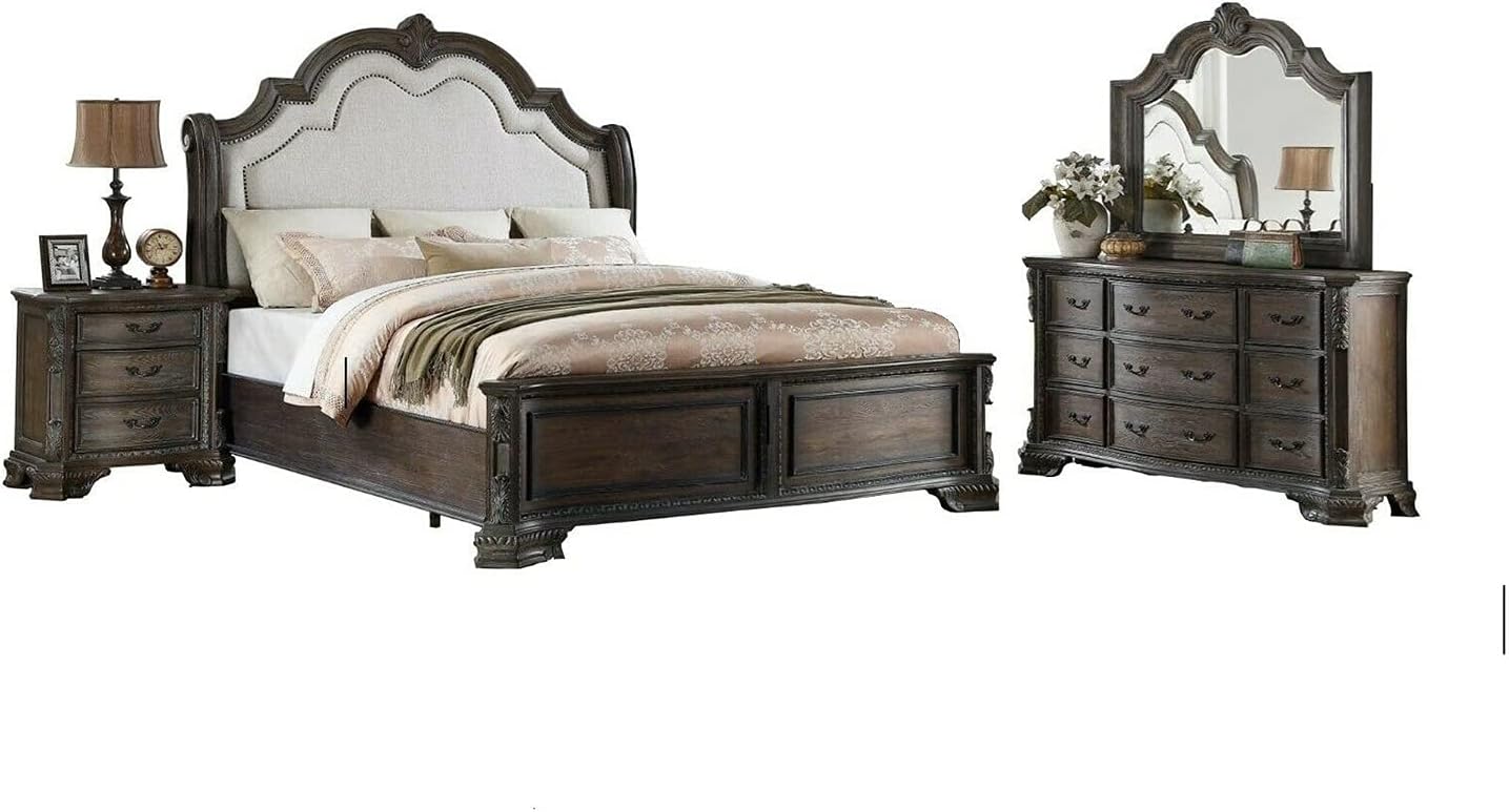 Grey 4 Piece Traditional Style King Size Bedroom Set Furniture Bed Dresser Mirror Nightstand Department Hardwood Solid Wood Wooden of Set