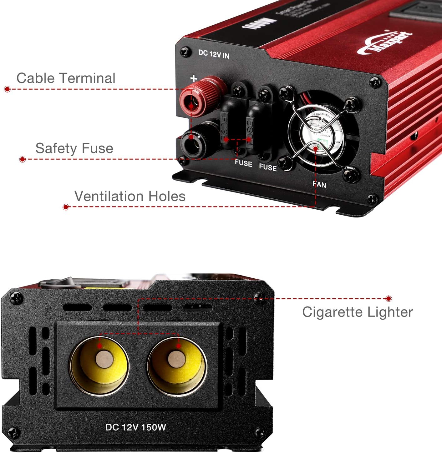 Maxpart 1000W Power Inverters,Car Power Inverter 1000W Inverter 12v to 110v AC Converter with Dual AC Outlets 2.4A USB Inverter and Dual 12V Car Cigarette Lighter for Truck/RV Power Converter Car Pack of 2