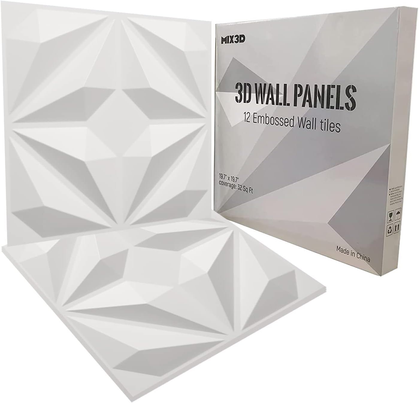 MIX3D 3D Wall Panel, Modern Geometric White PVC 3D Wall Panels for Interior Wall Decor, Pack of 12 Tiles Cover 32 Sq Ft Pack of 2