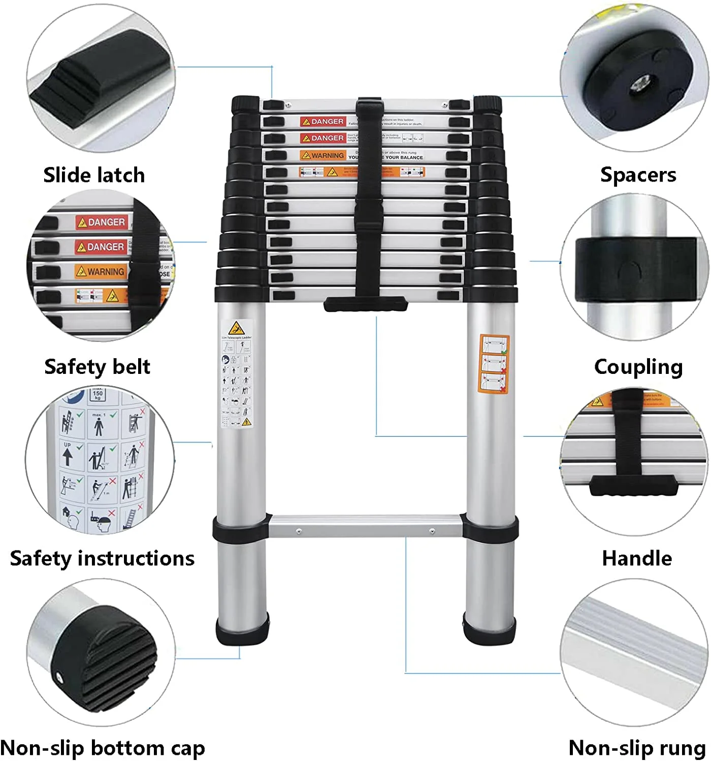 Telescoping Ladder 12FT Aluminum Telescoping Extension Ladder, Collapsible Ladder Attic Ladder Rv Ladder, Portable Telescopic Ladder for Outdoor Working & Household Use, Folding Ladder 330lb Capacity