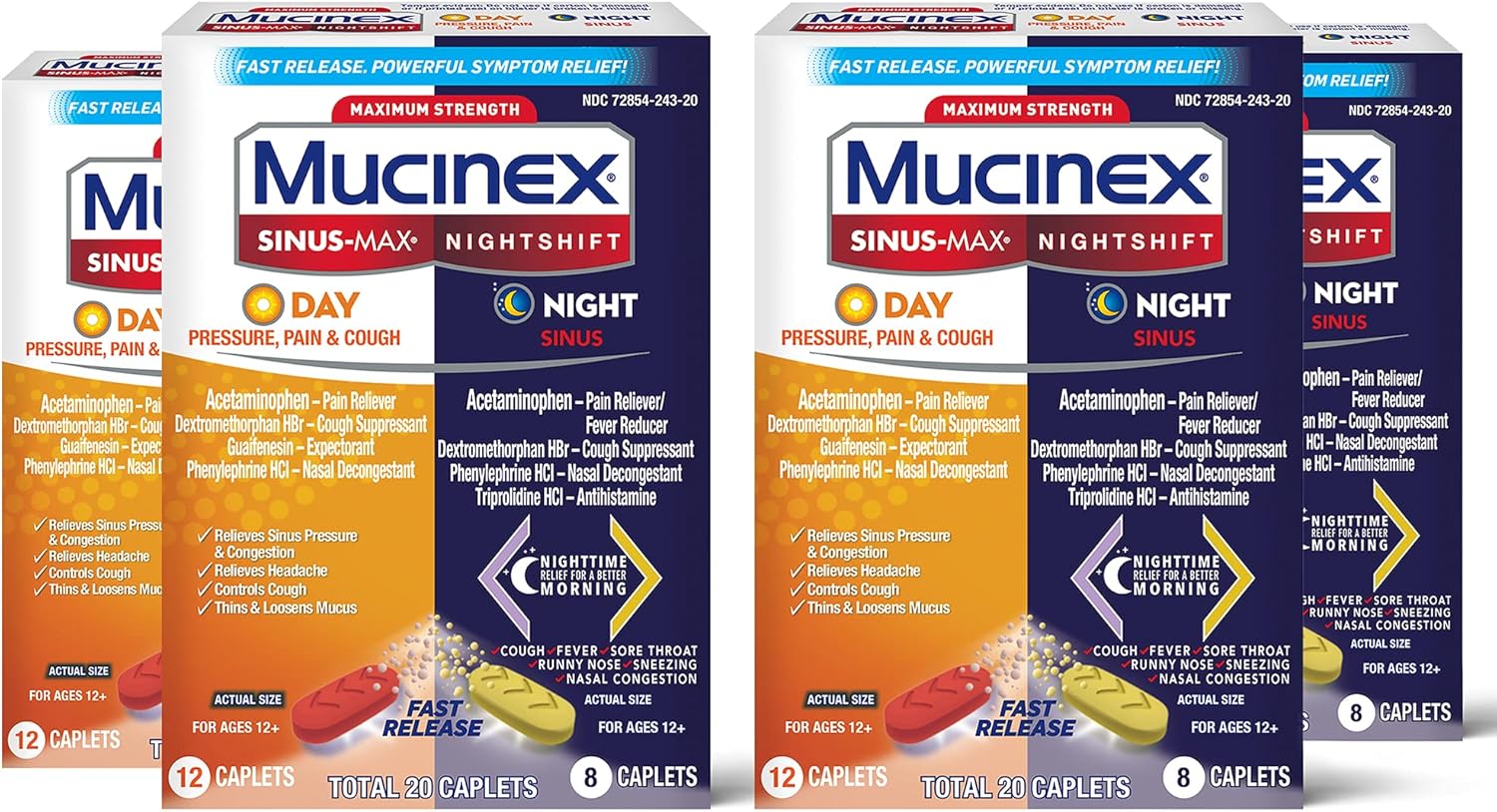 Maximum Strength Mucinex Sinus-Max Pressure, Pain & Cough & Nightshift Sinus Caplets, Fast Release, Powerful Multi-Symptom Relief, 20 caplets (12 Day time + 8 Night time) Pack of 2