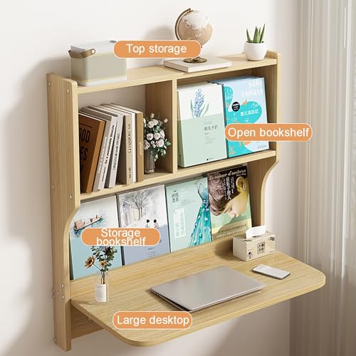 Wall Mounted Drop-Leaf Table, Wall Mounted Floating Folding Table with Storage Shelves, Multifunctional Computer Workstation, Folding Hanging Storage Cabinets Space Saving Drop-Leaf Table(Brown)