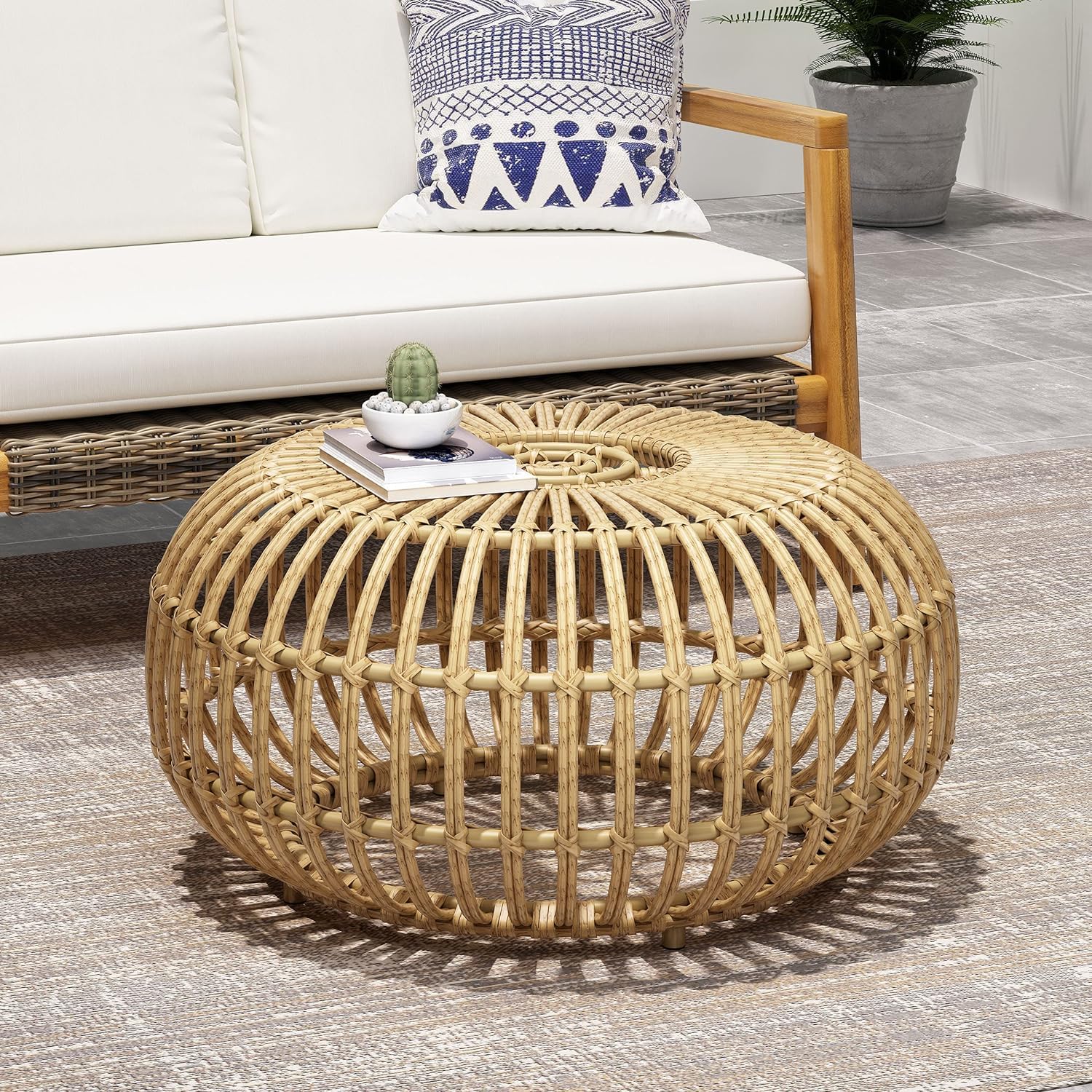 Round Rattan Coffee Table, Boho Wicker Rattan Coffee Table, All-Weather and Rust Resistant for Living Room Patio, Poolside, Garden, Yard (Coffee Table)