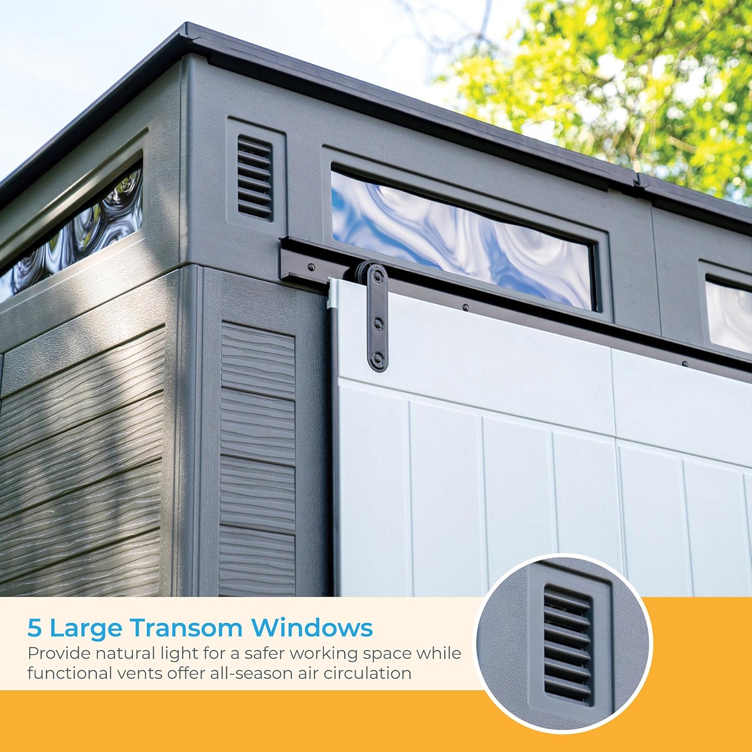 Suncast Modernist 10 Foot by 7 Foot Outdoor Plastic Storage Shed with Pad Lockable Sliding Barn Door for Outdoor Storage Items, Gray and Black